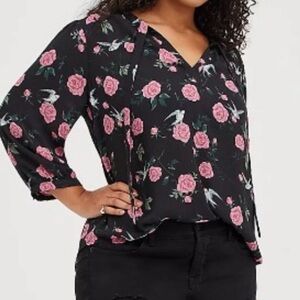 Torrid Floral Bird Print Georgette Tie Neck Blouse Size 5X